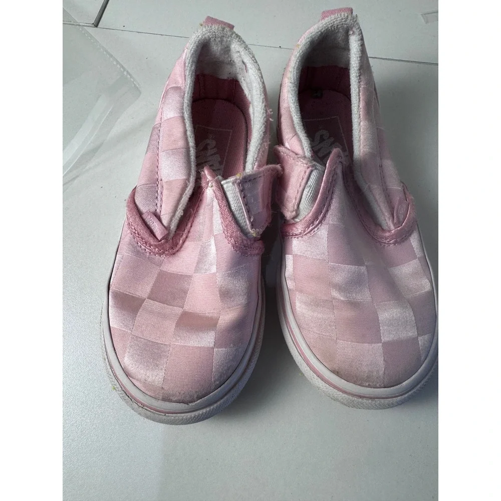 Vans Checkerboard Satin Slip On‎ Shoes Kids 8 Pink Rose Embroidery Hook Loop